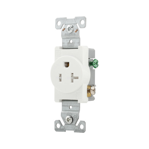 Eaton Commercial Specification Grade Single Receptacle, #14-10 Awg, 20A, Flush, 125V, Side Wire, White, Brass, Impact-Resistant Thermoplastic Face, Pvc Body, 5-20R, Single Screw, Pvc, Ed Box