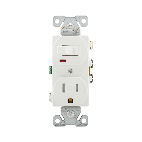 Eaton Commercial Grade Combination Switch, Tamper Resistant, Auto-Ground, Neon Pilot, #14-12 Awg, 15A, 120V Switch, 125V Receptacle, Back And Side Wiring, Screw Brass, White, Duplex, Thermoplastic Model TR274W