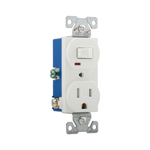 Combination Wiring Device, Toggle Switch with Receptacle, 15 A, 120 V ac, White