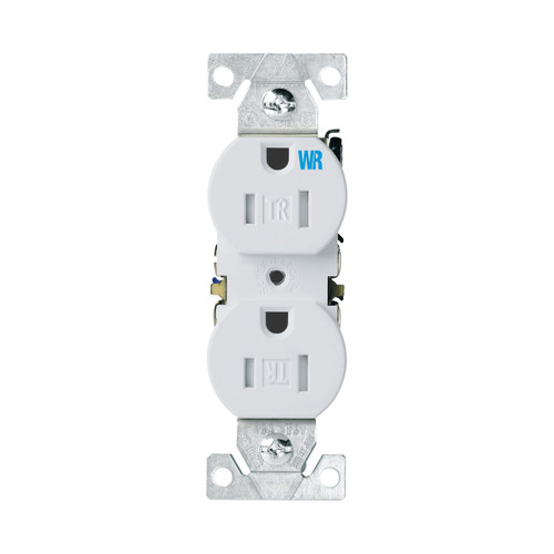 Eaton Residential Grade Duplex Receptacle, #14-10 Awg, 15A, Flush, 125V, Side And Push Wire, White, Brass, Weather Resistant, Impact-Resistant Thermoplastic, Duplex, Core Pack Model TWR270W