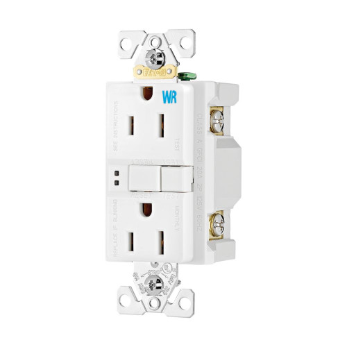 Eaton Gfci Receptacle, Weather Resistant, Self-Test, #14-10 Awg, 15A, Flush, 125V, Gfci, Back And Side Wire, White, Brass, Polycarbonate, Two-Pole, Three-Wire, Two-Pole, Three-Wire, Grounding