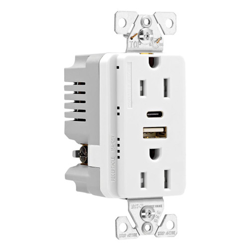 Eaton Decorator Combination: USB Type A & C Charger, 15A 5-15R Receptacle, White, Brass, Flush, Two-Pole, Three-Wire, Tamper Resistant