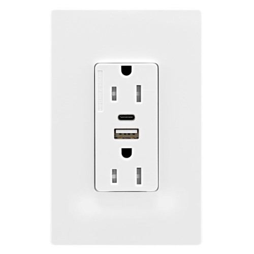 Eaton Decorator Combination: USB Type A & C Charger, 15A 5-15R Receptacle, White, Brass, Flush, Two-Pole, Three-Wire, Tamper Resistant