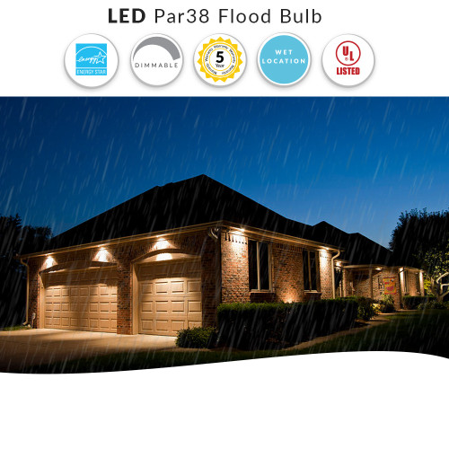 Wet Location PAR38 LED Bulb 15 watt; 3000K; 25' beam spread; Medium base; 120 volts, Dimmable,