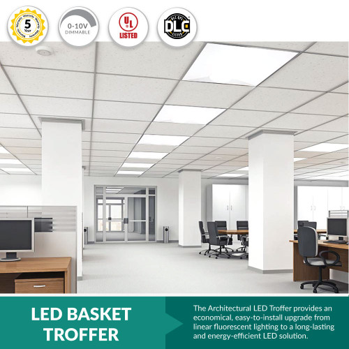 LED Basket Troffer - Selectable 20/25/30 Watt - Recessed Drop Ceiling Mount - 2500-3750 Lumens - Color Selectable 35K/40K/50K - 120-277V - White Finish - Dimmable
