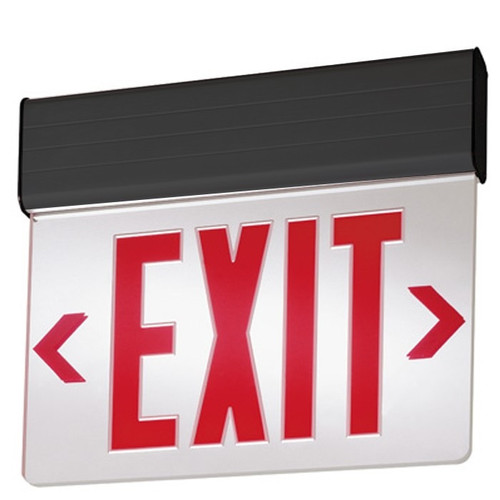 LED Edgelit Exit Sign- Surface Mount Black Aluminum Canopy with Mirror Panel and Red Lettering - With Battery Back-Up