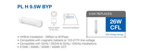 LED PL Retrofit Lamp for 2 or 4 Pin CFL Bulbs - Replaces 26 Watt- G24d, GX24d, G24q / GX24q Base Lamps - Magnetic Ballast Compatible or Bypass, 2700K and 870 Lumens