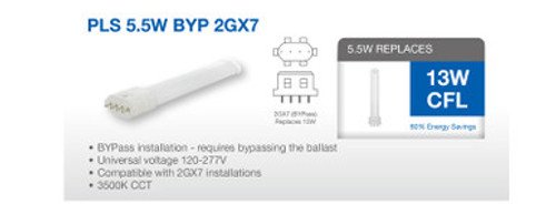 2GX7 LED PL Retrofit Lamp for 4 Pin CFL Bulbs - Replaces 13 Watt- 2GX7 Base Lamps - Ballast Bypass 120-277v, 3500K and 600 Lumens