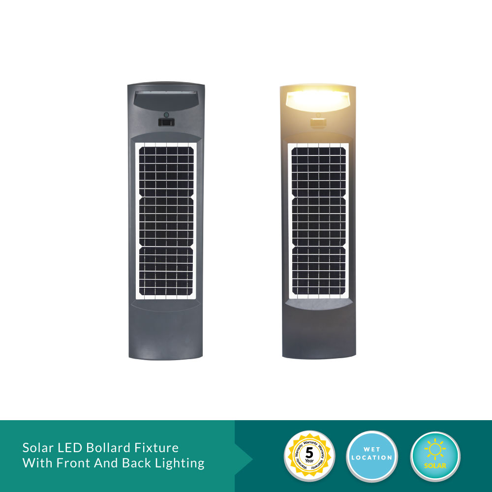 Solar LED Bollard Fixture With Front And Back Lighting - 20 Watt 6000K 2000 Lumens