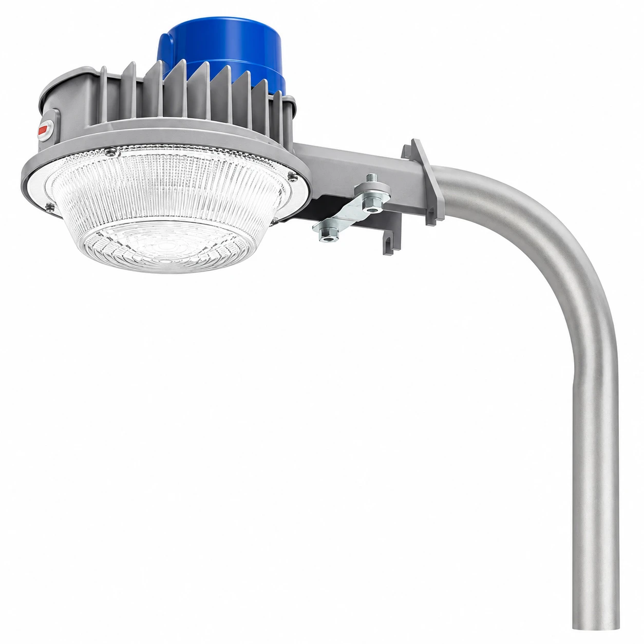 LED dusk-to-dawn commercial outdoor area light, photocell, curved arm mount, silver finish