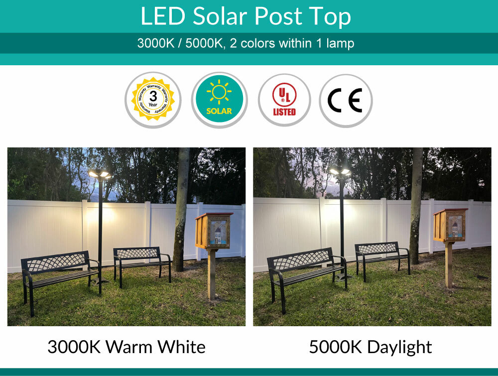 Solar LED Post Top Light w/ Timed Dimming - Dusk To Dawn  - 3 Phase Dimming to Preserve Battery - Extremely Bright - Commercial Grade - 40 Watt - 4000 Lumen Output - Warm White/Daylight Color Switchable