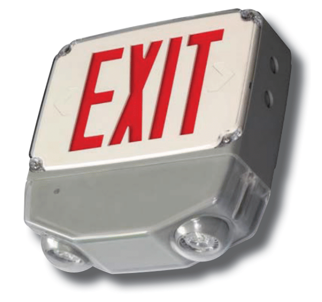 Wet Location Combo LED Exit Sign And Emergency Light Double Face- Gray Housing and White Face Color, and Red Lettering - With 90 Minute Battery Back-Up
