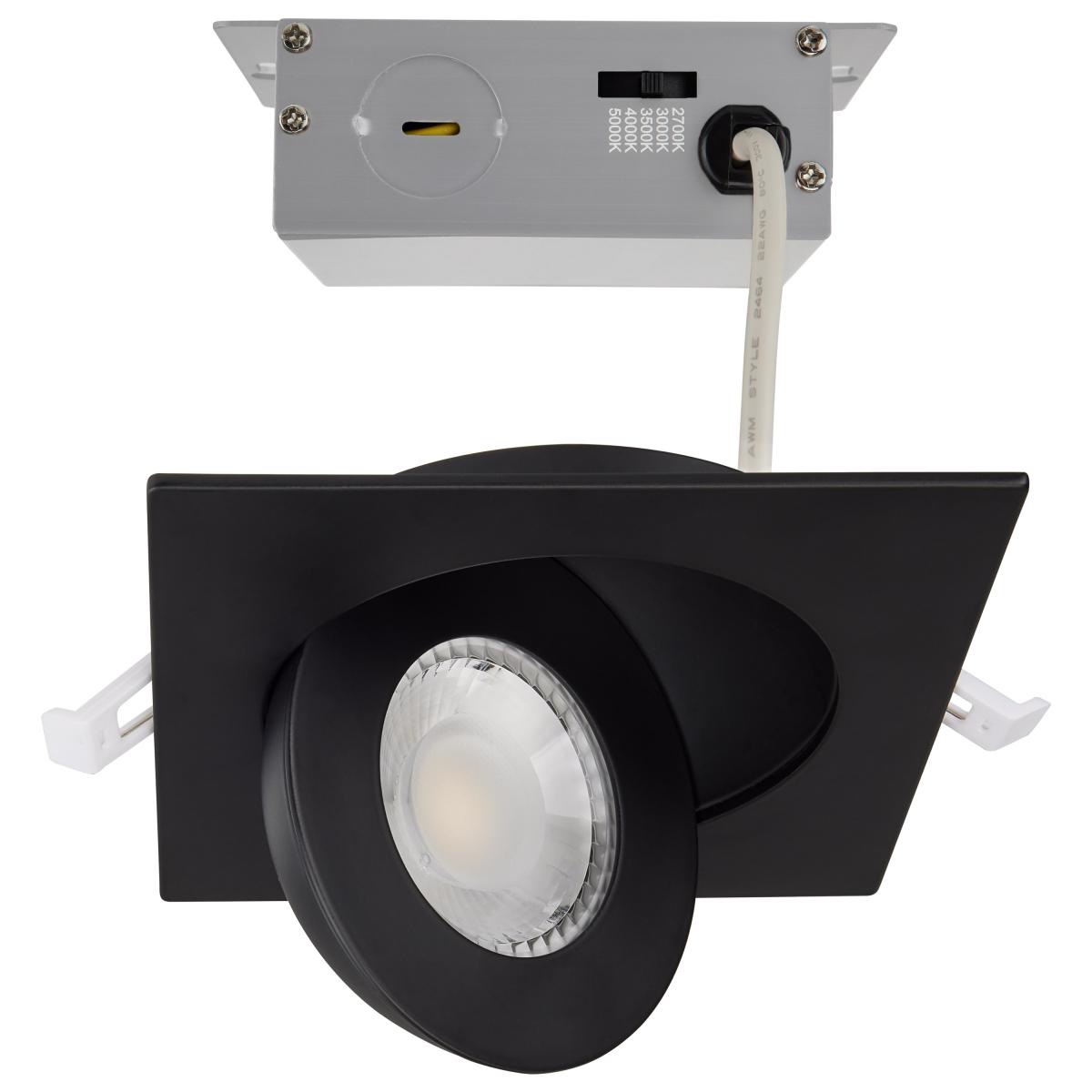 4 Inch Square LED Gimbaled Downlight - 9W - 750 Lumens - 120V - Color Temperature Selectable 27K/30K/35K/40K/50K - Black Finish - No Recess Can Required