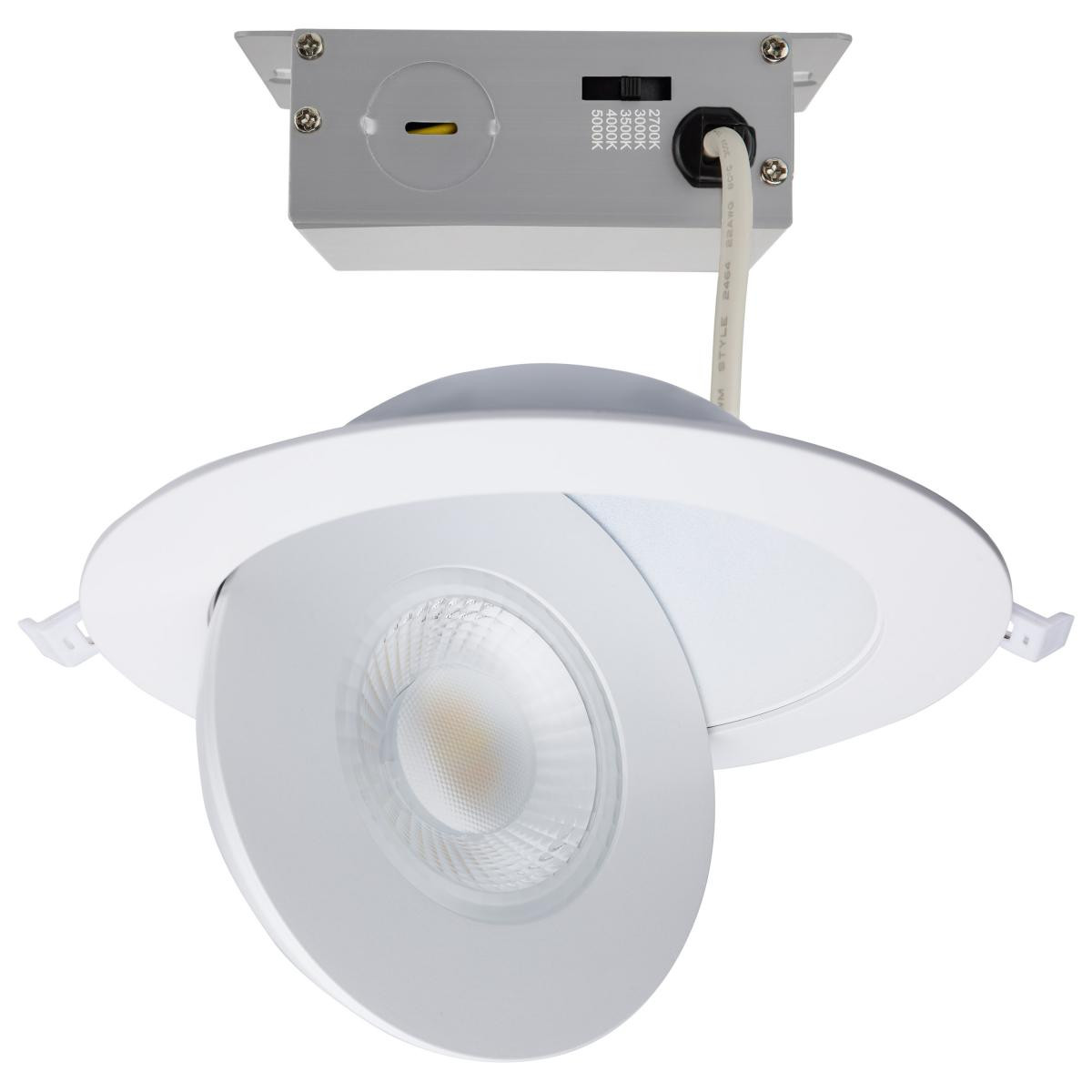 6 Inch Round LED Gimbaled Downlight - 15W - 1400 Lumens - 120V - Color Temperature Selectable 27K/30K/35K/40K/50K - White Finish - No Recess Can Required