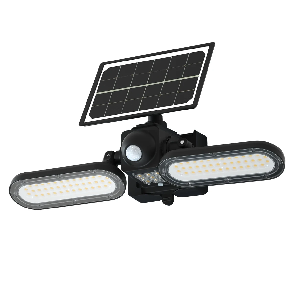 LED solar wall light, 15 watt, 6000K daylight, adjustable dual light heads, motion sensor, solar panel, black finish