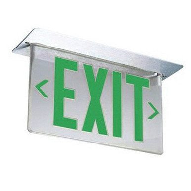 LED Edge-Lit Emergency Exit Sign, Aluminum, Single face, Green on clear, 120-277V, Emergency Battery, Ceiling or Back Mount, Left Right Indicators - LRP 1 GC LRA 120/277 EL N