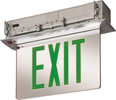 Recessed Mount Edge-Lit Exits with LED Lamps, Double Face, Green with Mirror Separator, Emergency,