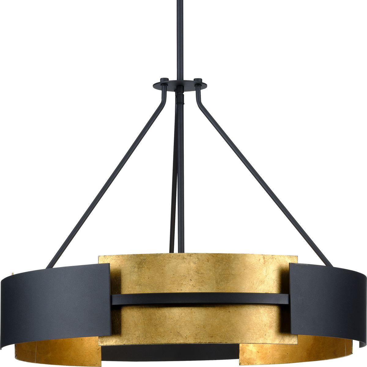 Lowery Collection Five-Light Textured Black Industrial Luxe Semi-Flush Convertible or Hanging Pendant Light with Distressed Gold Leaf Accent - Dry Location Listed