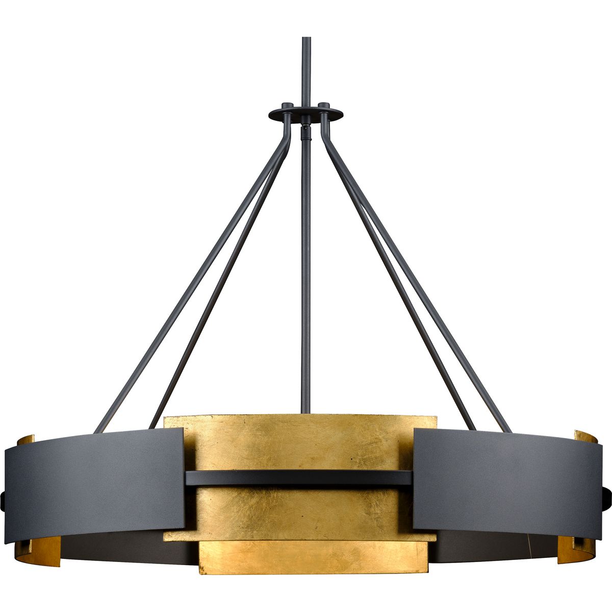 Lowery Collection Six-Light Textured Black Industrial Luxe Hanging Pendant Light with Distressed Gold Leaf Accent - Dry Location Listed