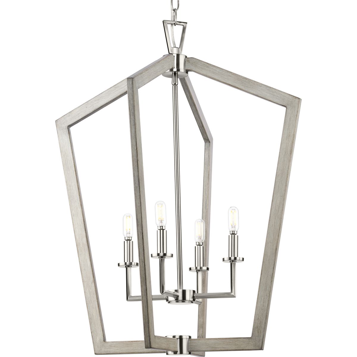 Galloway Collection Four-Light 30" Brushed Nickel Modern Farmhouse Foyer Light with Grey Washed Oak Accents - Dry Location Listed