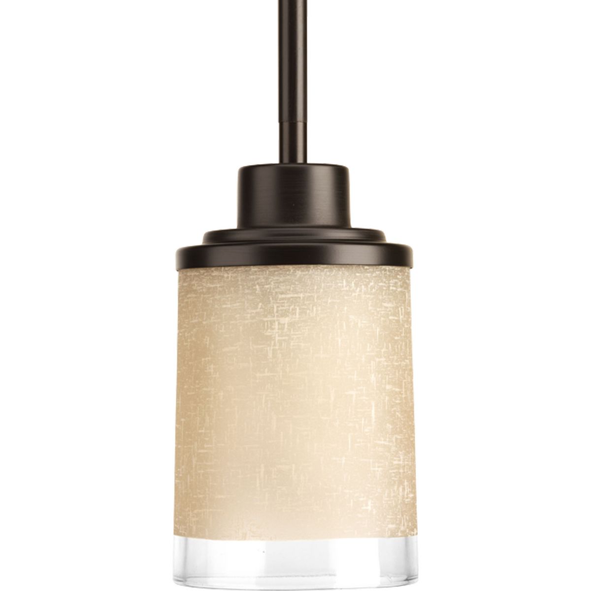 Alexa Collection One-Light Antique Bronze Etched Umber Linen With Clear Edge Glass Modern Mini-Pendant Light
