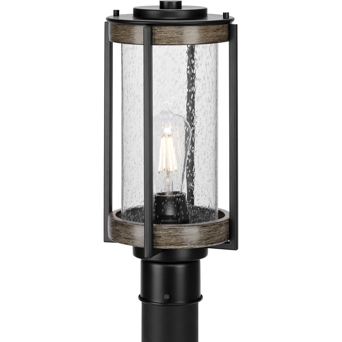 Whitmire Collection One-Light Farmhouse Matte Black Clear Seeded Glass Outdoor Post Light - Wet Location Listed