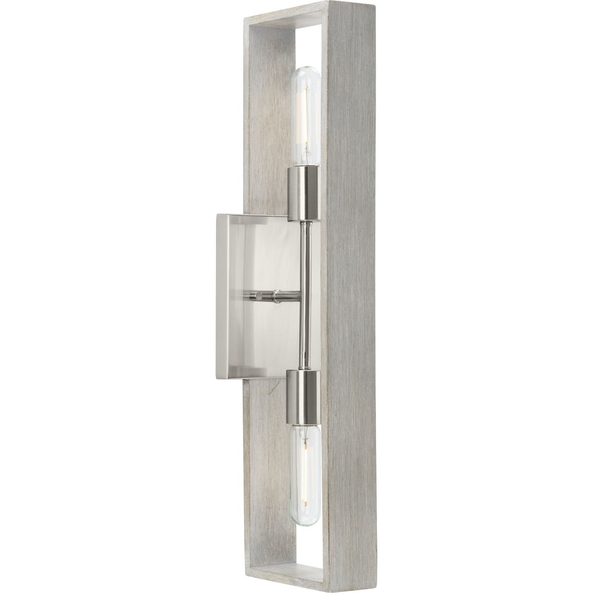 Boundary Collection Two-Light Brushed Nickel Grey Washed Oak Modern Wall Bracket - Damp Location Listed