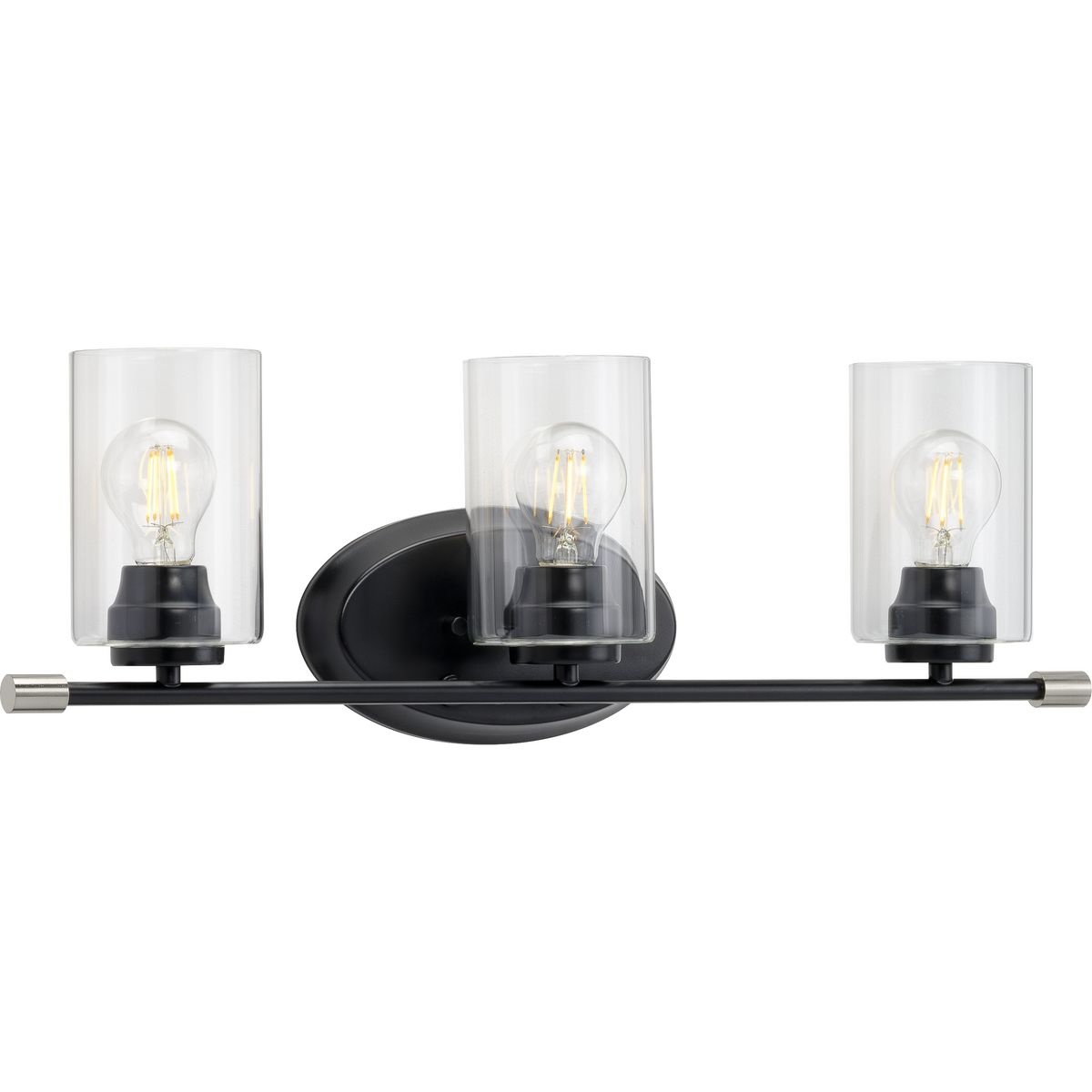Riley Collection Three-Light Matte Black Clear Glass Modern Bath Vanity Light - Damp Location Listed