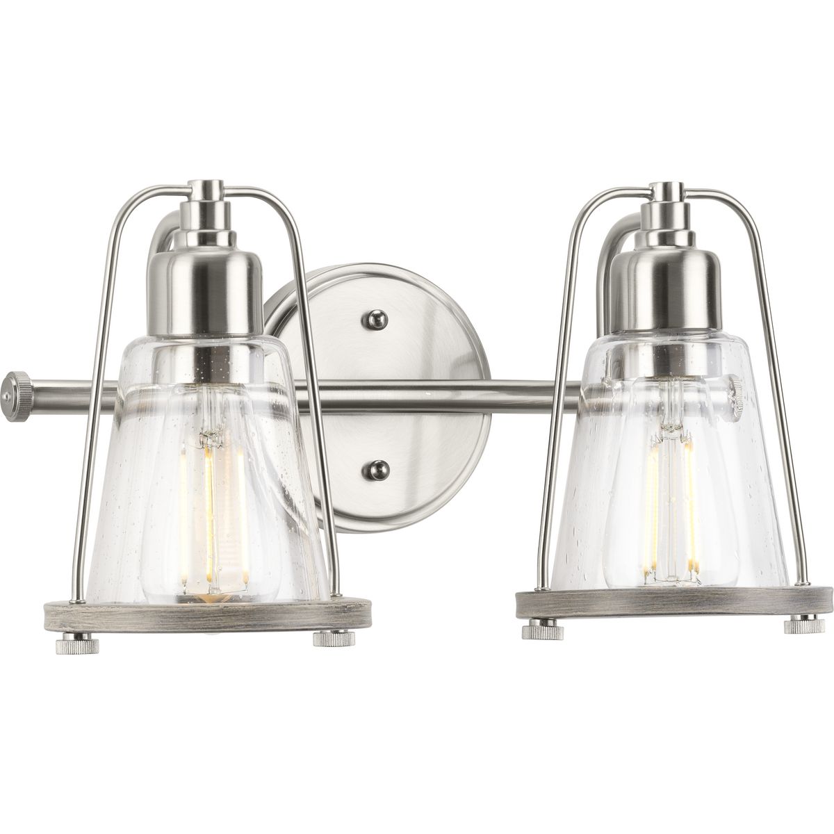 Conway Collection Two-Light Brushed Nickel and Clear Seeded Farmhouse Style Bath Vanity Wall Light - Damp Location Listed