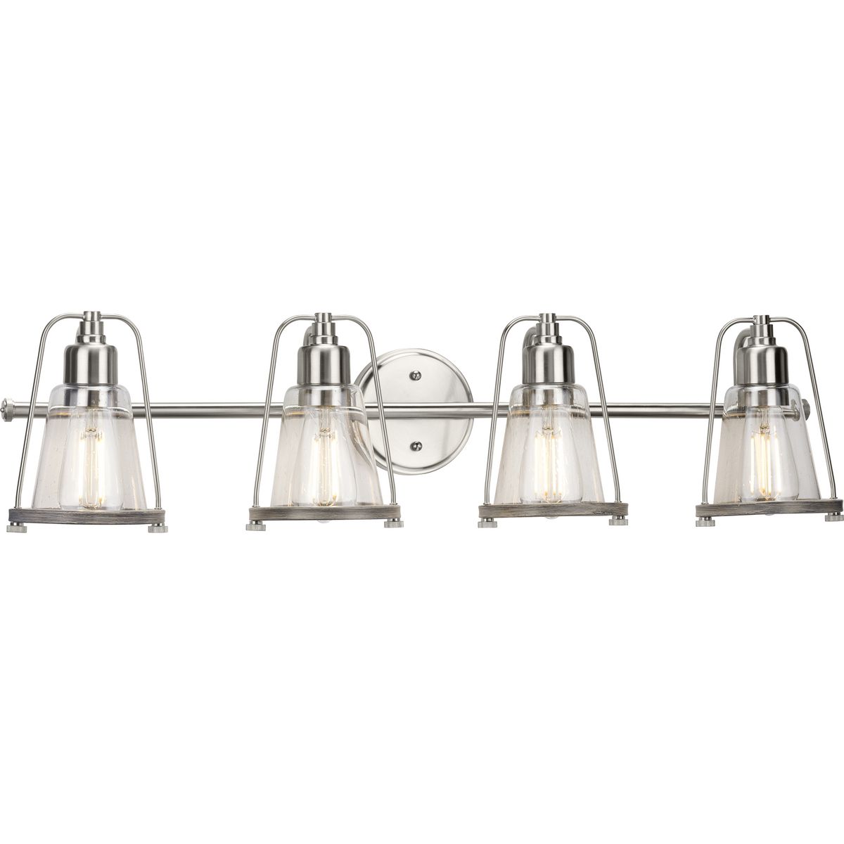 Conway Collection Four-Light Brushed Nickel and Clear Seeded Farmhouse Style Bath Vanity Wall Light - Damp Location Listed