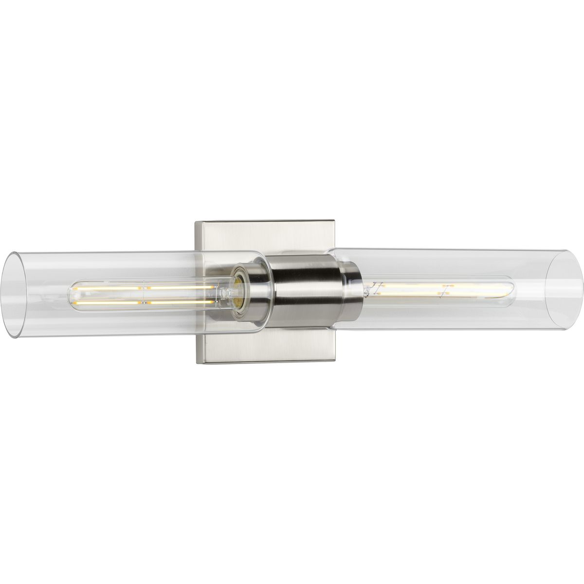 Clarion Collection Two-Light Brushed Nickel and Clear Glass Modern Style Bath Vanity Wall Light - Damp Location Listed