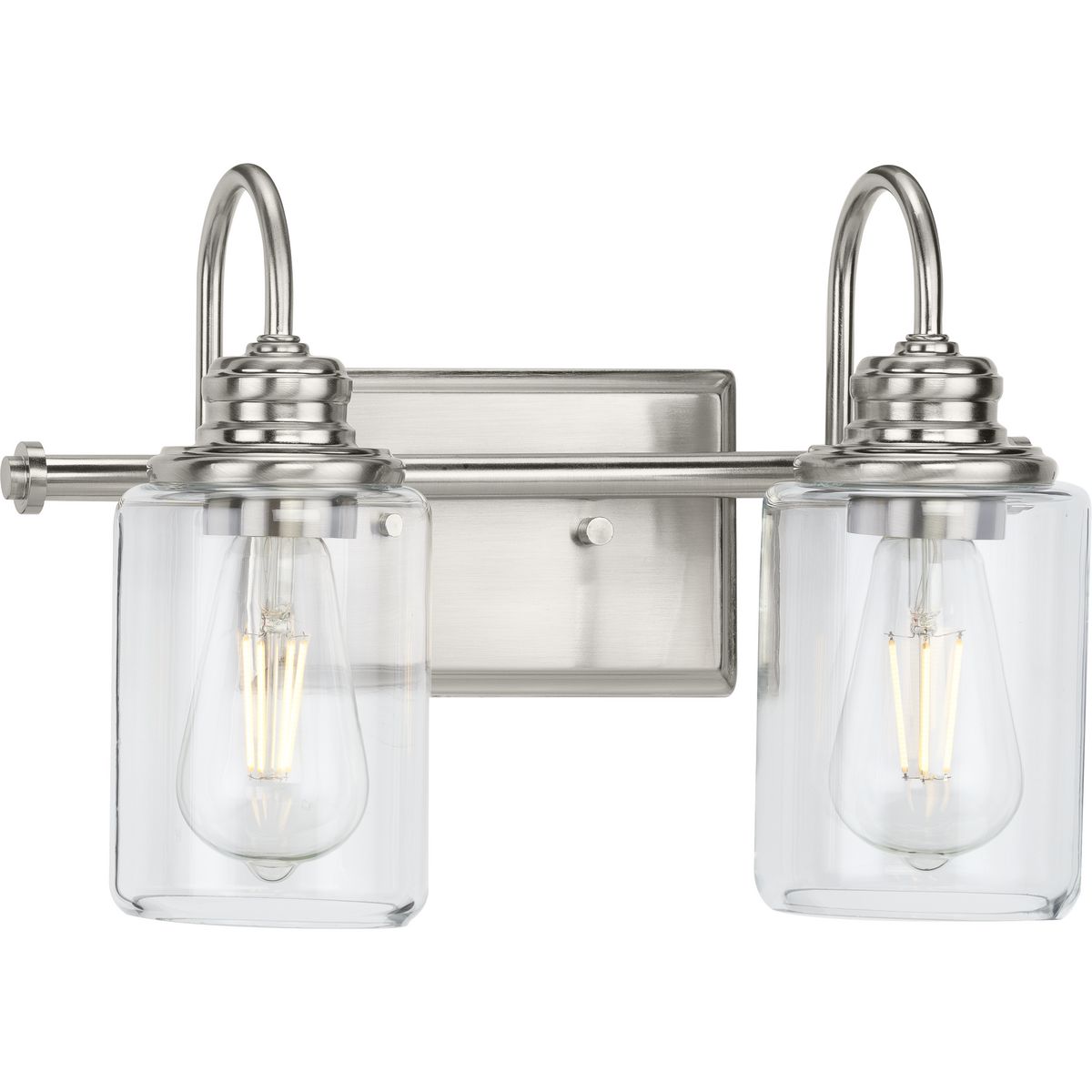 Aiken Collection Two-Light Brushed Nickel Clear Glass Farmhouse Style Bath Vanity Wall Light - Damp Location Listed