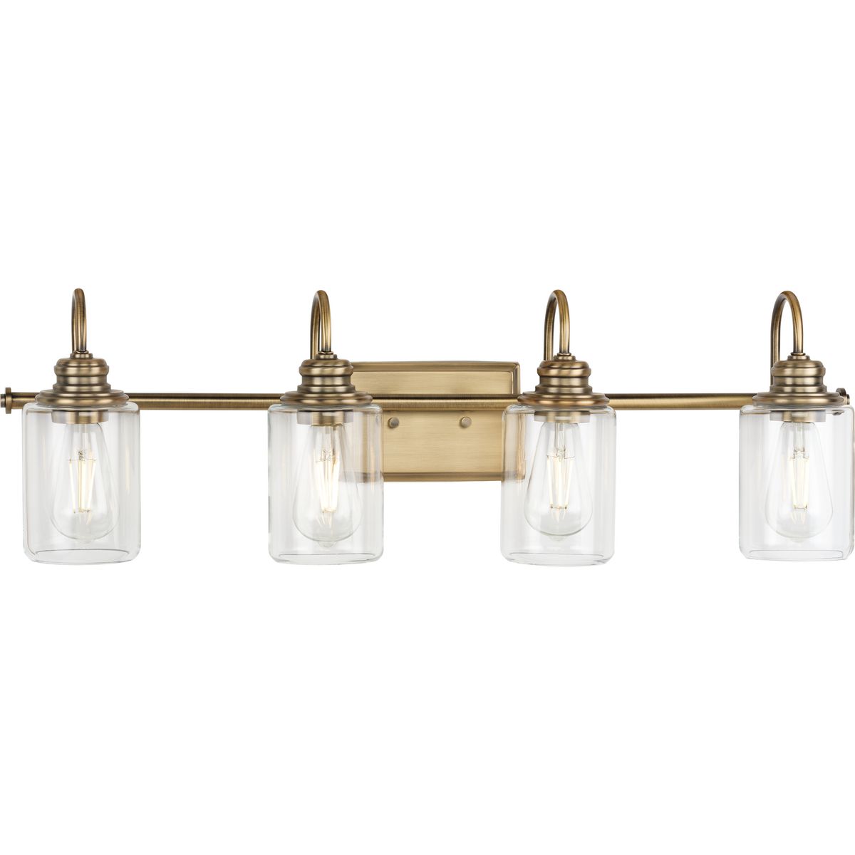 Aiken Collection Four-Light Vintage Style Brass Clear Glass Farmhouse Style Bath Vanity Wall Light - Damp Location Listed