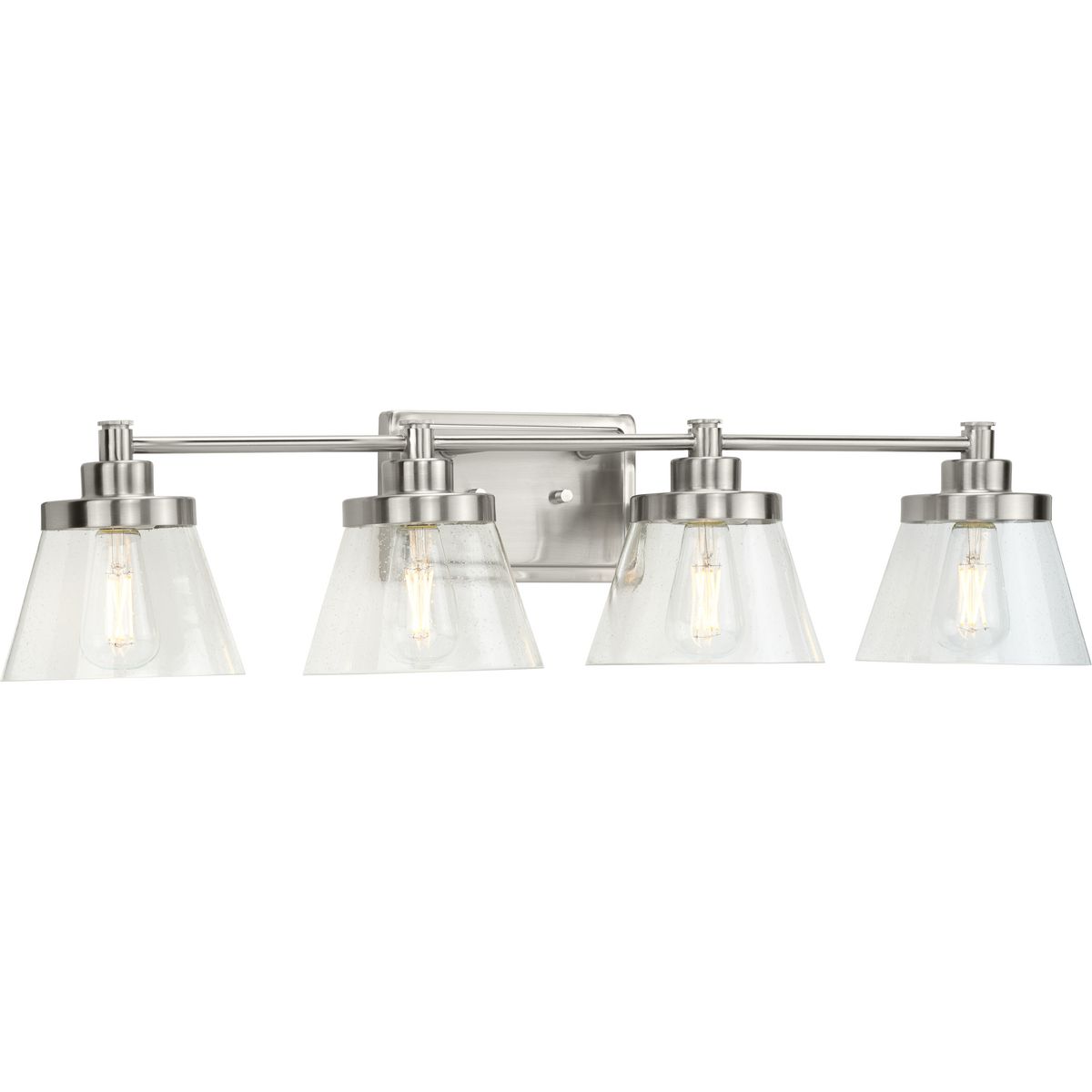 Hinton Collection Four-Light Brushed Nickel Clear Seeded Glass Farmhouse Bath Vanity Light - Damp Location Listed