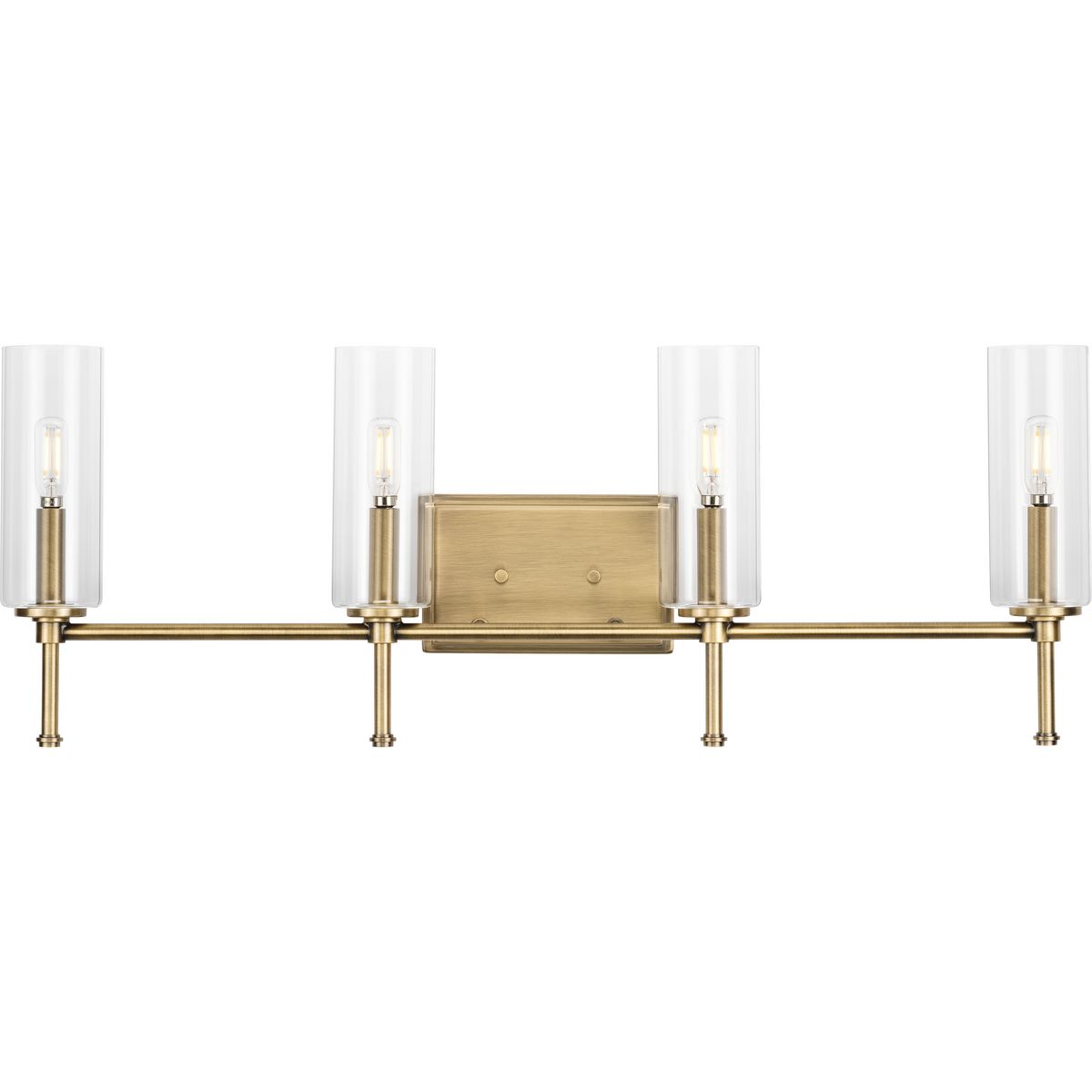 Progress Lighting Bath & Vanity Light - Elara Collection Four-Light New Traditional Vintage Brass Clear Glass Bath Vanity Light - Model P300359-163