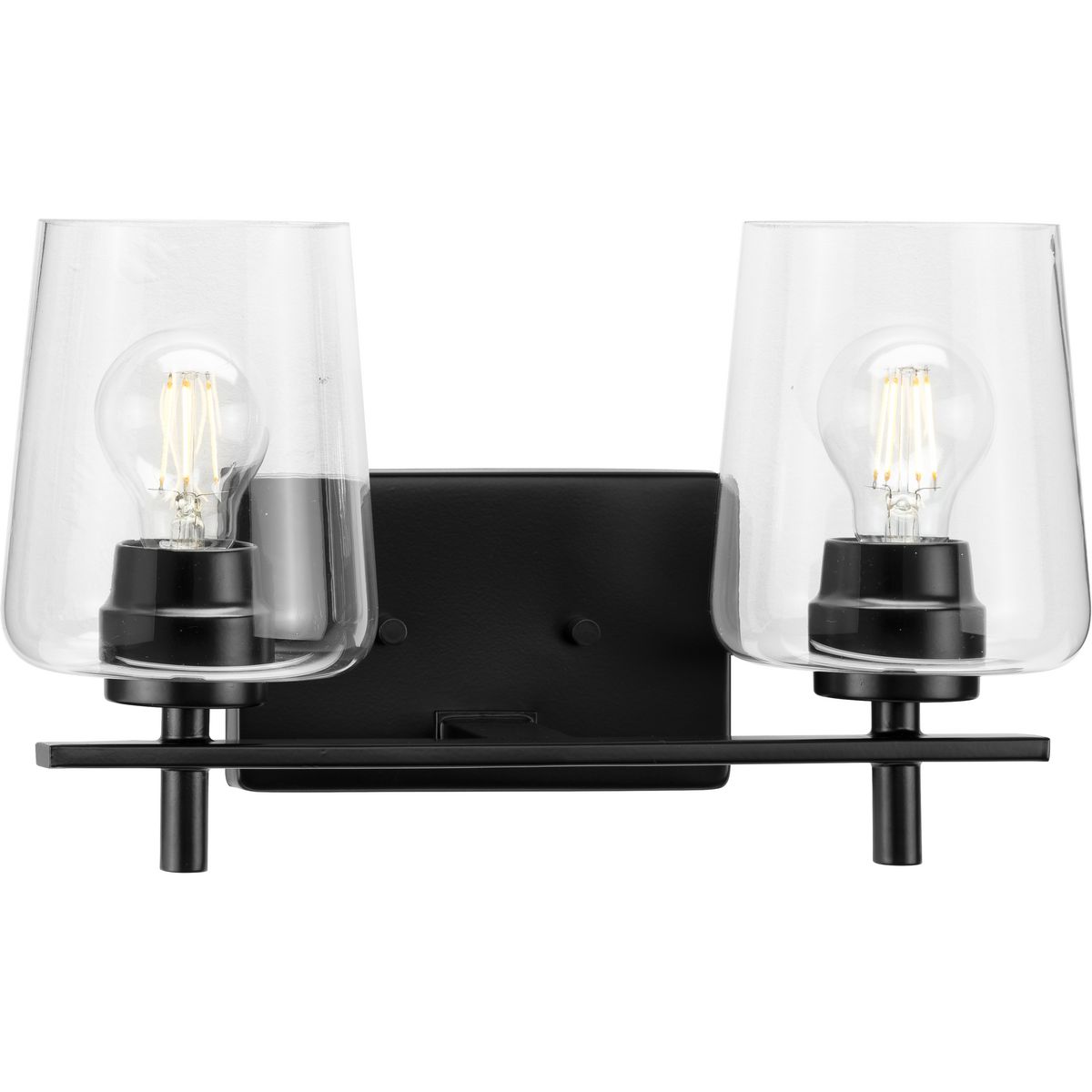 Calais Collection Two-Light New Traditional Matte Black Clear Glass Bath Vanity Light - Damp Location Listed