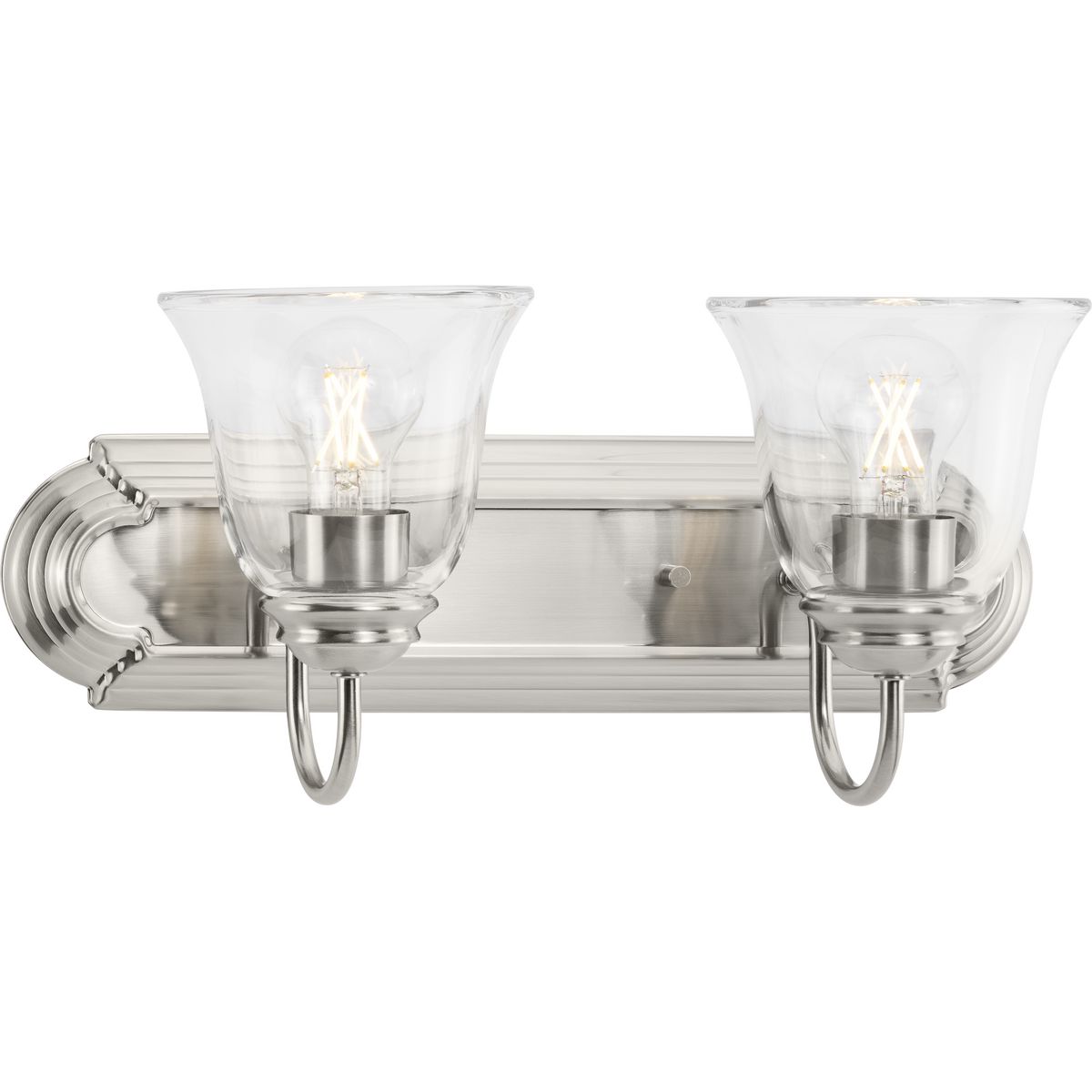 Two-Light Brushed Nickel Transitional Bath and Vanity Light with Clear Glass for Bathroom