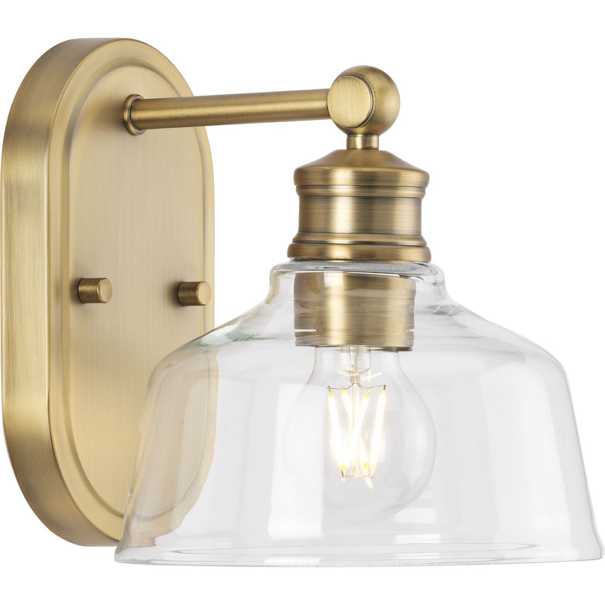 Progress Lighting Bath & Vanity Light - Singleton Collection One-Light 7.62" Vintage Brass Farmhouse Vanity Light with Clear Glass Shade - Model P300395-163