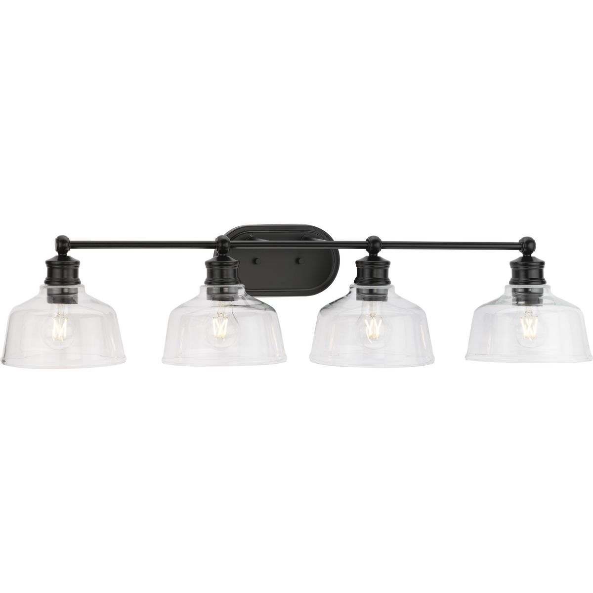 Singleton Collection Four-Light 36" Matte Black Farmhouse Vanity Light with Clear Glass Shades - Damp Location Listed