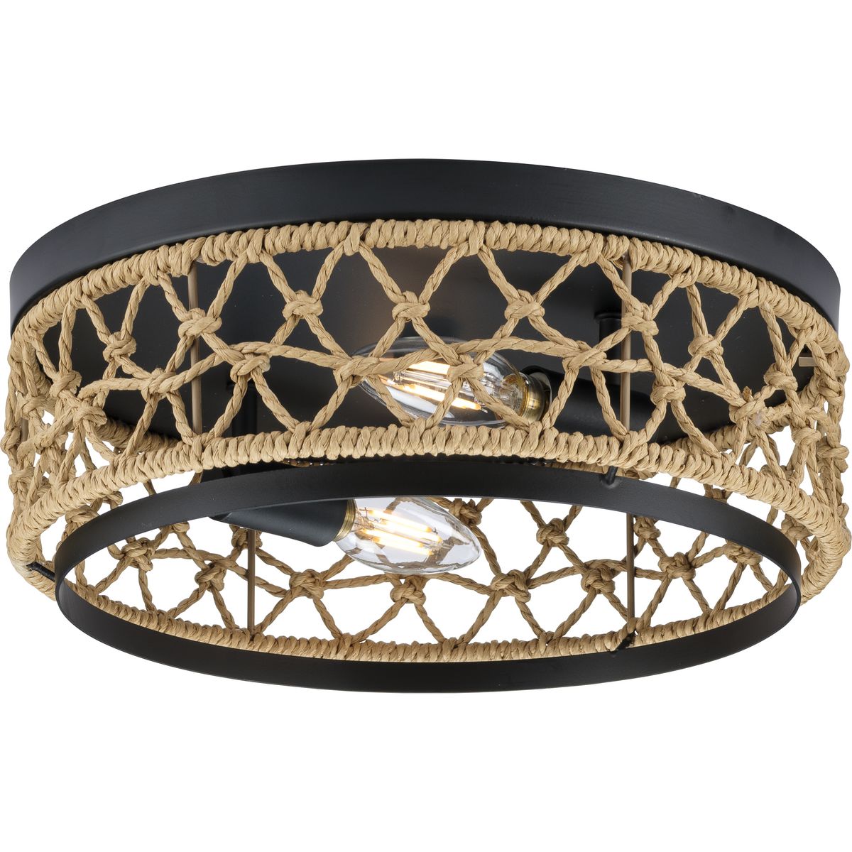 Chandra Collection 12 in. Two-Light Matte Black Global Flush Mount with Woven Shade - Damp Location Listed