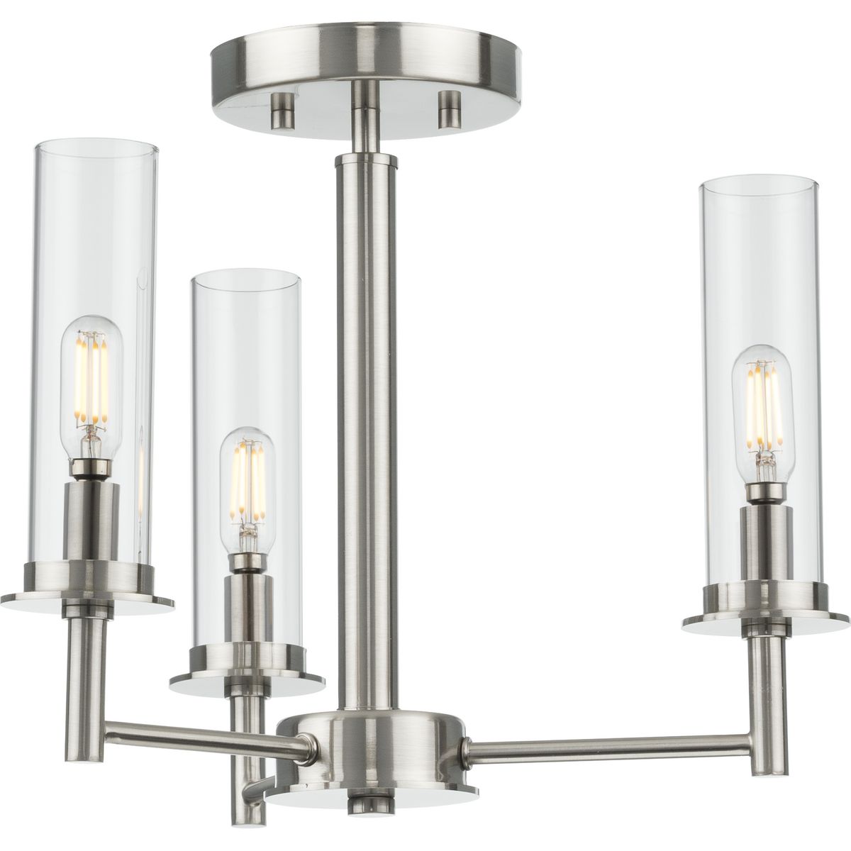 Kellwyn Collection Three-Light Brushed Nickel and Clear Glass Transitional Style Convertible Semi-Flush Ceiling or Hanging Pendant Light - Dry Location Listed