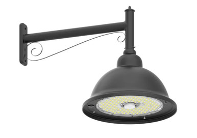 LED Designer Bell Light - 16 Inch Diameter - Watt Selectable 100/80/50W - 110-277V - Color Temperature Selectable 30/40/50K - Dimmable - Black Finish - With Decorative Straight Arm Pole Bracket