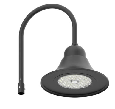 LED Designer Bell Light - 20 Inch Diameter - Watt Selectable 100/80/50W - 110-277V - Color Temperature Selectable 30/40/50K - Dimmable - Black Finish - With Single Bell Arm Pole Mount & 4 Inch Adapter