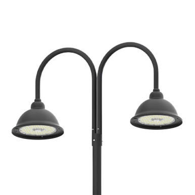 LED Designer Bell Light - 16 Inch Diameter - Watt Selectable 100/80/50W - 110-277V - Color Temperature Selectable 30/40/50K - Dimmable - Black Finish - With Double Bell Arm Pole Mount & 2 Inch Adapter