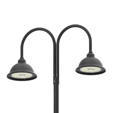 LED Designer Bell Light - 16 Inch Diameter - Watt Selectable 100/80/50W - 110-277V - Color Temperature Selectable 30/40/50K - Dimmable - Black Finish - With Double Bell Arm Pole Mount & 4 Inch Adapter