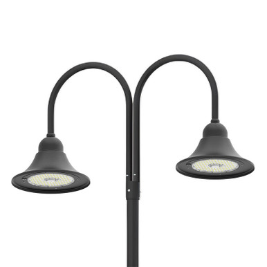 LED Designer Bell Light - 20 Inch Diameter - Watt Selectable 100/80/50W - 110-277V - Color Temperature Selectable 30/40/50K - Dimmable - Black Finish - With Double Bell Arm Pole Mount & 2 Inch Adapter