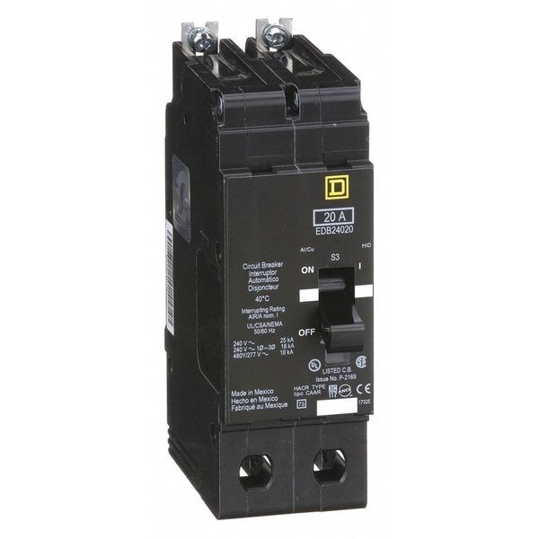 Miniature Circuit Breaker, EDB Series 20A, 2 Pole, 277/480V AC - EDB24020