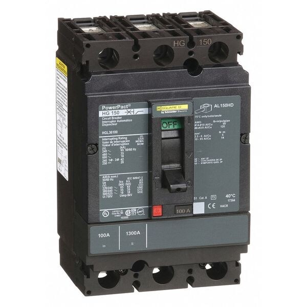 Molded Case Circuit Breaker, HG Series 100A, 3 Pole, 600V AC - HGL36100