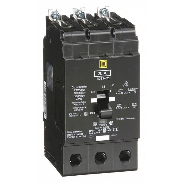 Miniature Circuit Breaker, EDB Series 20A, 3 Pole, 277/480V AC