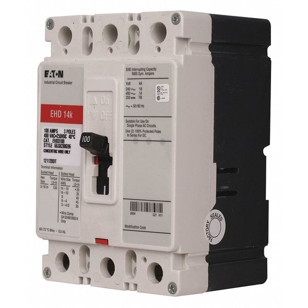 Molded Case Circuit Breaker, EHD Series 100A, 3 Pole, 480V AC